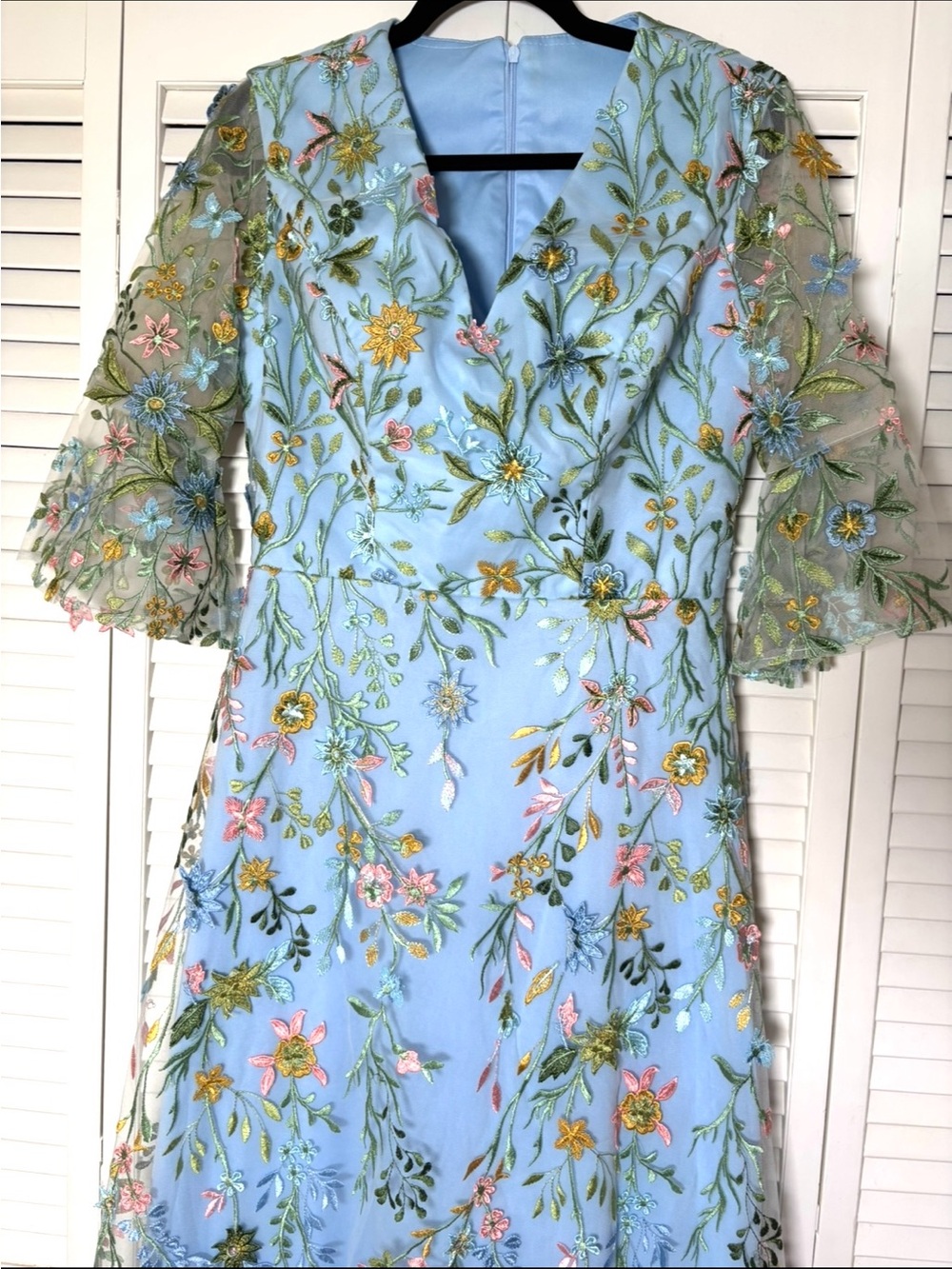 NWT Floral Embroidered Sky Blue Tulle Midi Dress Romantic Garden Party 8 - Picture 3 of 4